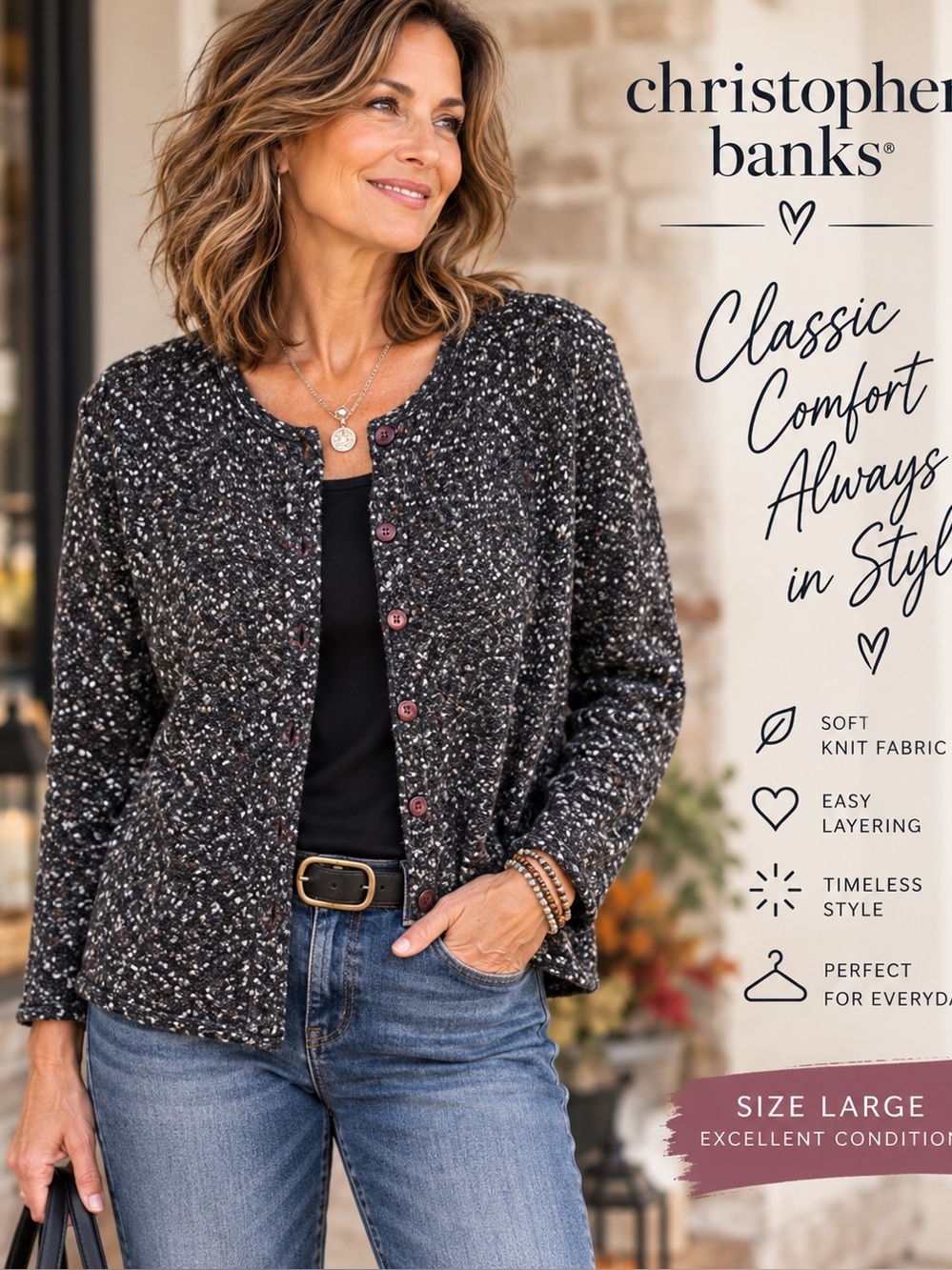 Christopher & Banks Heathered Plum Button-Front Cardigan